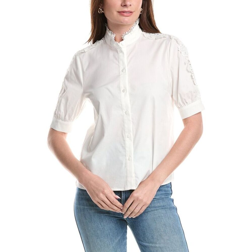 T Tahari Womens  Mandarin Collar Button Down Blouse, White
